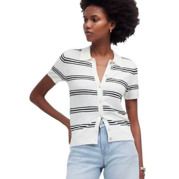Madewell Ivory and Black Polo Sweater Tee in Stripe - Picture 1 of 7
